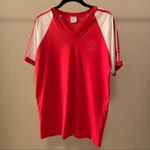 Vintage 80s Adidas V-Neck Trefoil Red Jersey T-Shirt